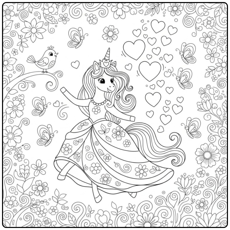 Kleurplaat eenhoorn prinses met hartjes, vlinders en een vogel.