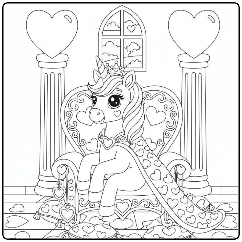 Kleurplaat eenhoorn prinses met hartjes, op de troon vol details.