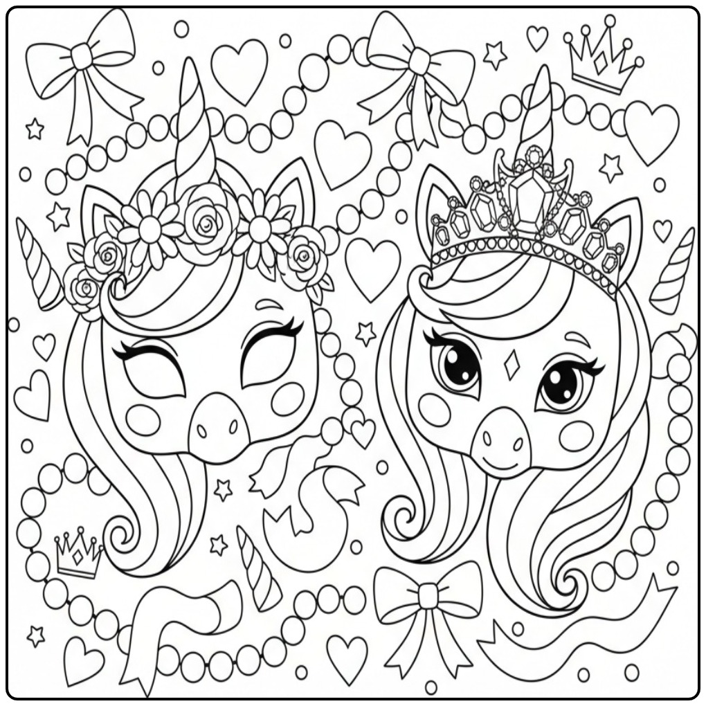 Kleurplaat eenhoorn prinsessen masker met twee magische hoofden.