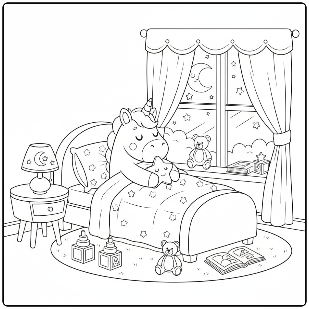 Printbare kleurplaat eenhoorn schattig slapend in de slaapkamer.