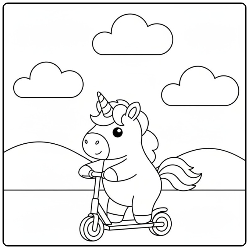 Een vrolijke kleurplaat eenhoorn schattig op een coole step.