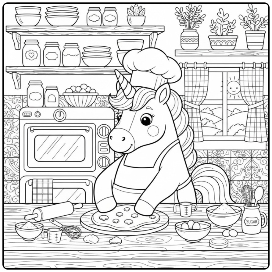 Kleurplaat eenhoorn schattig als een vrolijke bakker in de keuken.