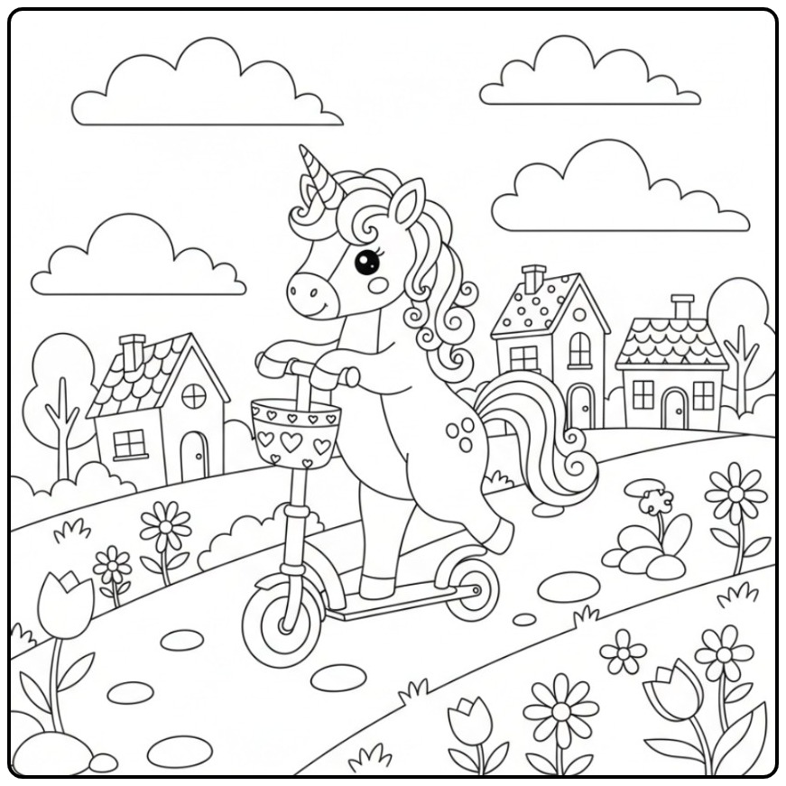 Een leuke kleurplaat eenhoorn schattig op een step.