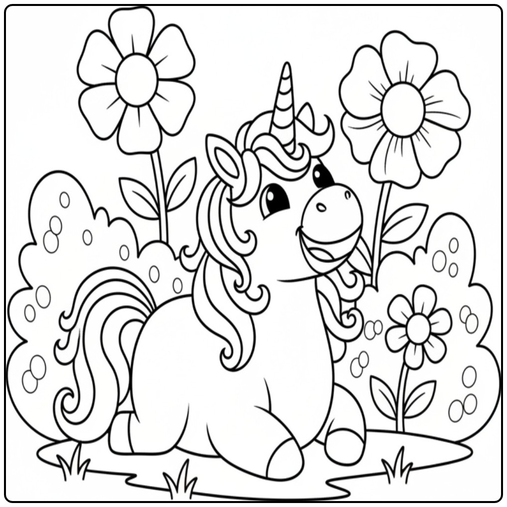 Een vrolijke kleurplaat eenhoorn schattig liggend in het gras.