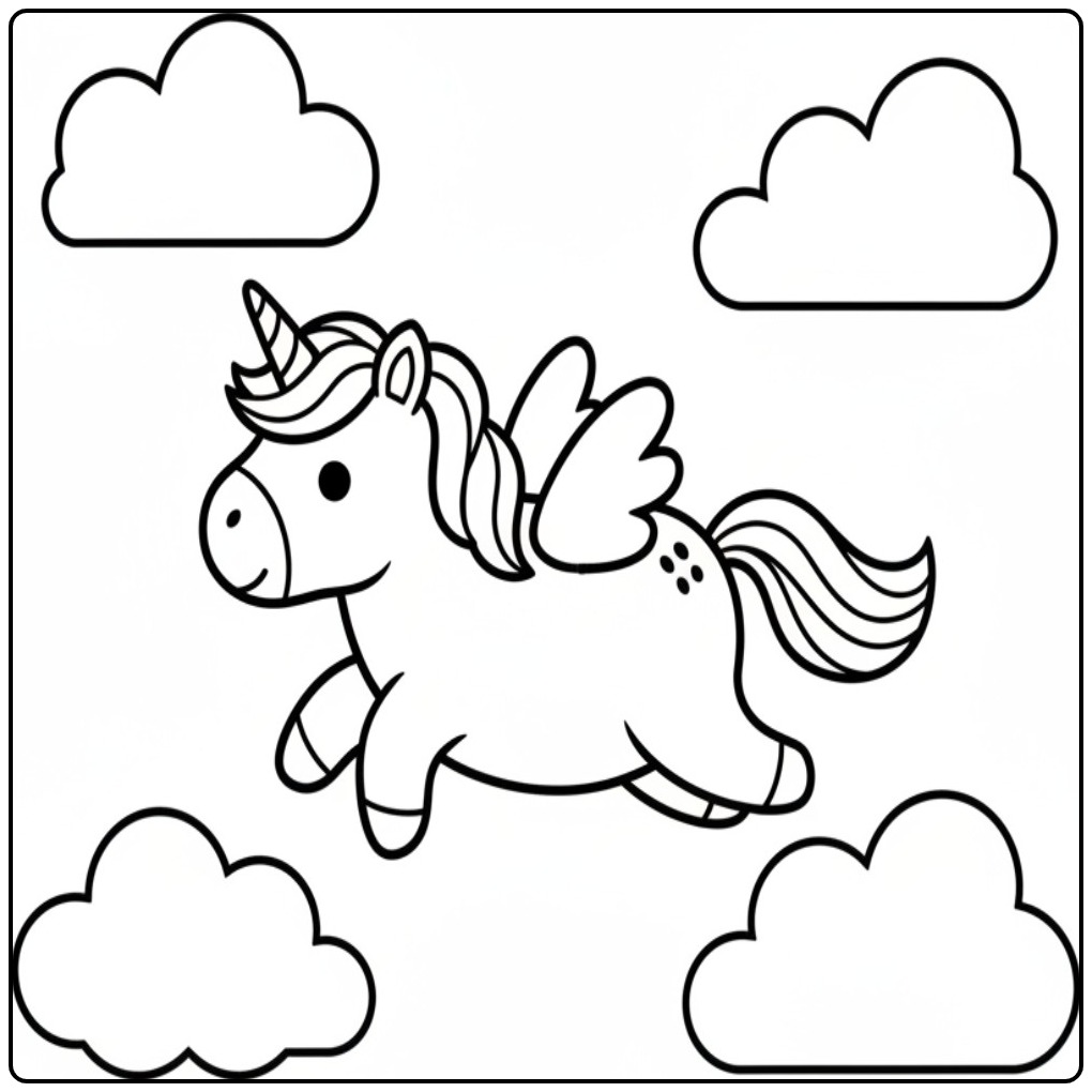 Een vliegende pegasus, deze kleurplaat eenhoorn schattig.