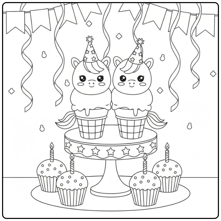 Kleurplaat eenhoorn-verjaardag met ijsjes, een feestelijke scene.