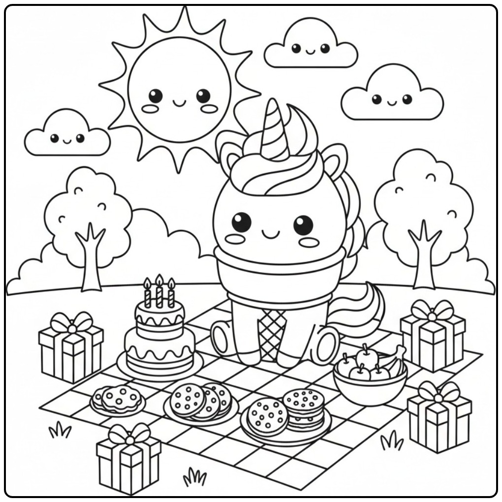 Kleurplaat eenhoorn-verjaardag met ijsjes, een vrolijk feest.