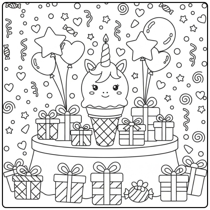 Kleurplaat eenhoorn-verjaardag met ijsjes, ballonnen en cadeaus.