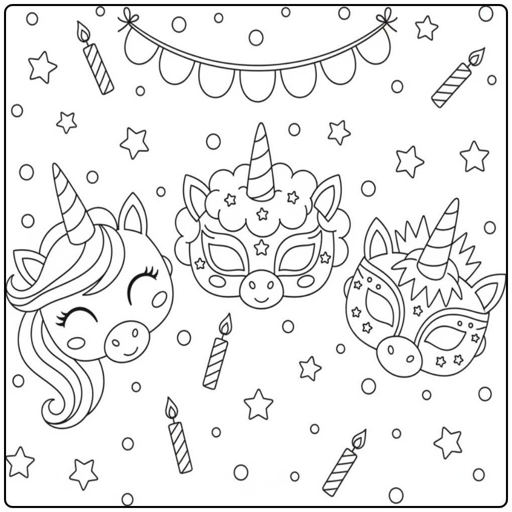 Kleurplaat eenhoorn verjaardags masker, klaar om ingekleurd te worden