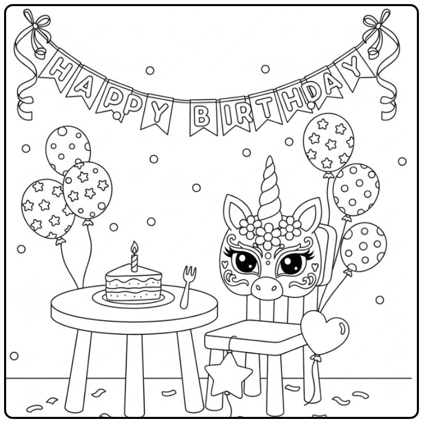 Kleurplaat eenhoorn verjaardags masker bij taart en ballonnen.