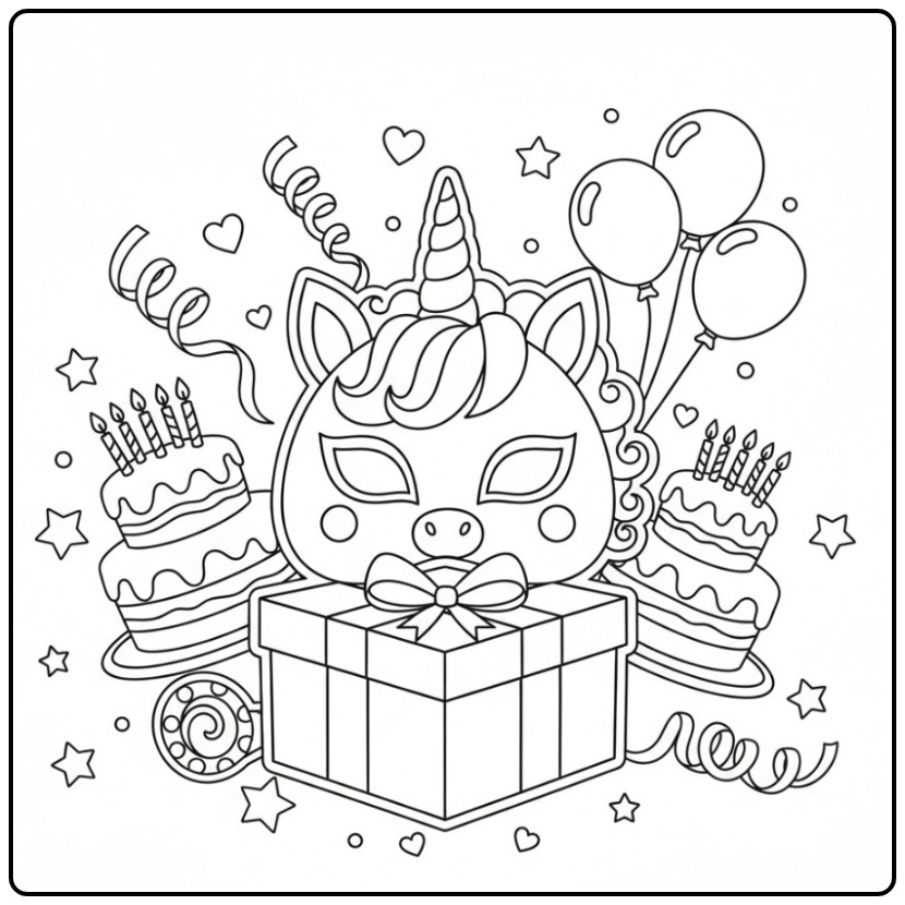 Kleurplaat eenhoorn verjaardags masker, vrolijk feestje om te kleuren.