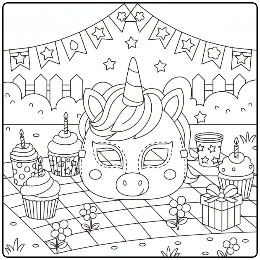 Kleurplaat eenhoorn verjaardags masker met feestdecoraties.