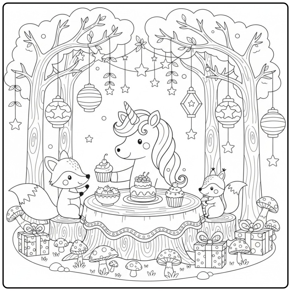 Een zoete Kleurplaat eenhoorn verjaardagsfeest met vrienden en taart.