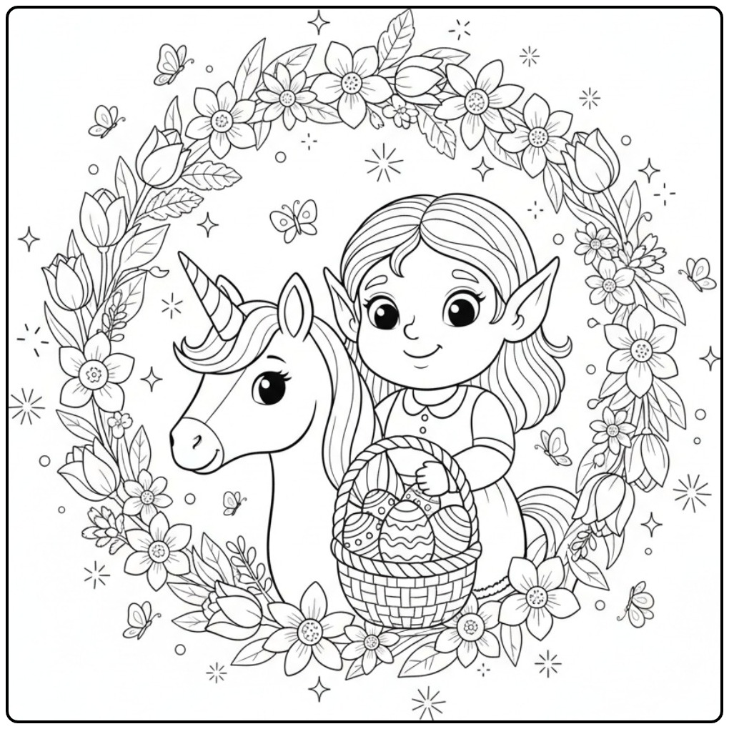 Vrolijke Kleurplaat elfje en eenhoorn Pasen met paaseieren.