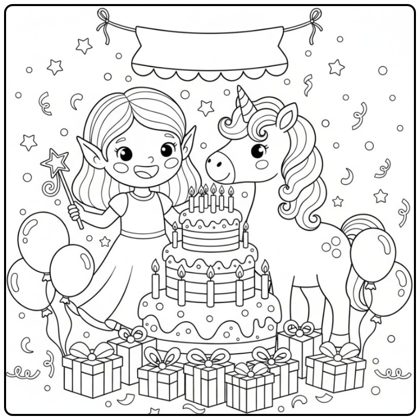 Vrolijke Kleurplaat elfje en eenhoorn verjaardag met taart.