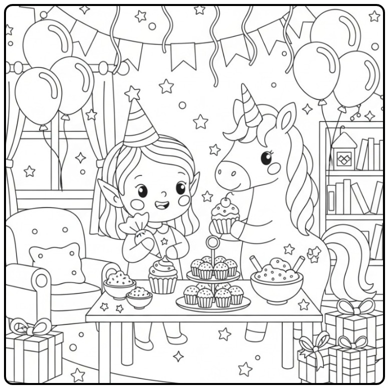 Leuke Kleurplaat elfje en eenhoorn verjaardag met cupcakes.