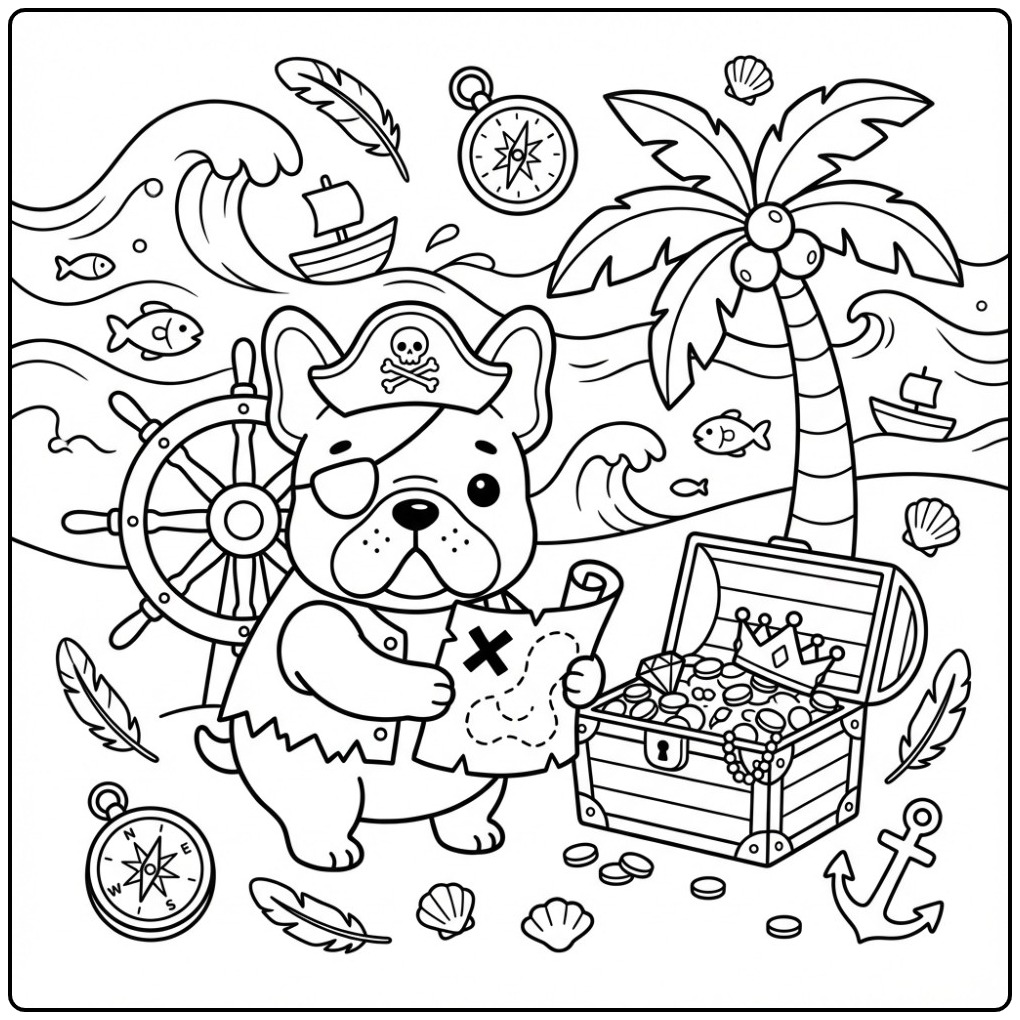 Een stoere piraat op een kleurplaat franse bulldog met schat.