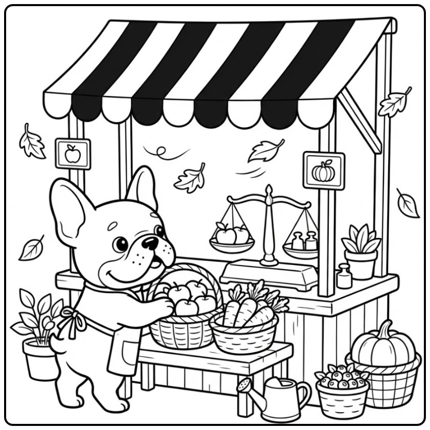 Vrolijke kleurplaat franse bulldog bij een eigen marktkraam.