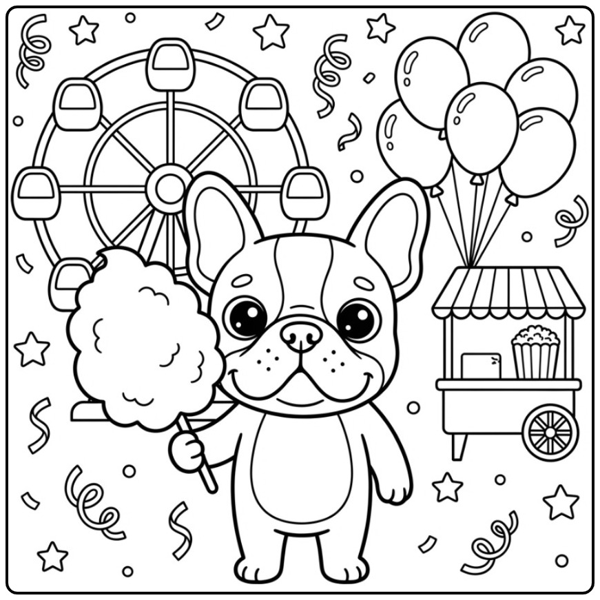 Een schattige kleurplaat franse bulldog op een vrolijke kermis.