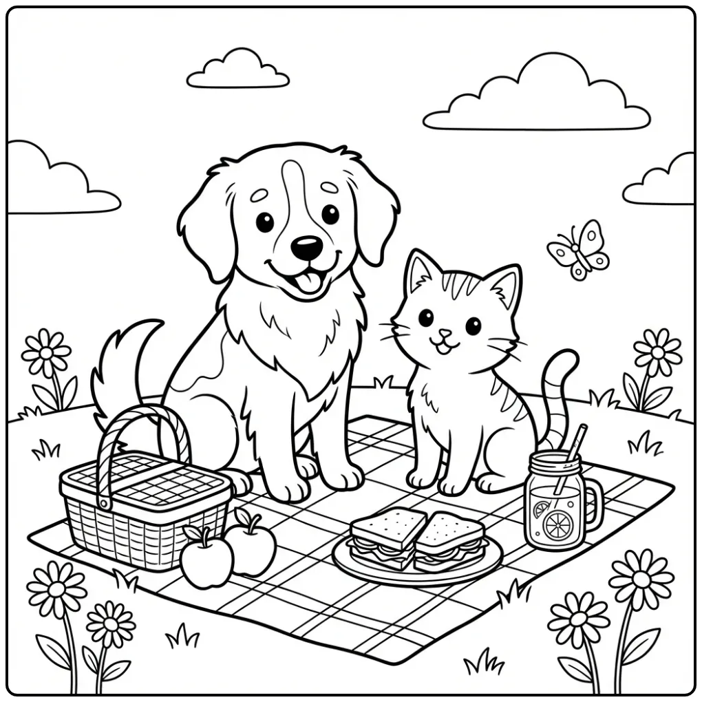 Schattige kleurplaat friese stabij picknickend met een kitten.