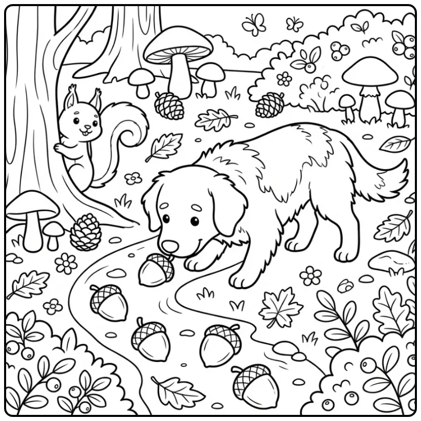 Leuke kleurplaat friese stabij in het bos met een eekhoorn.