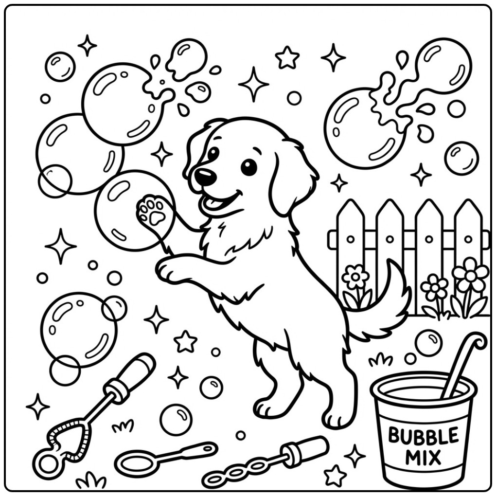 Een vrolijke kleurplaat golden retriever spelend met bellen.