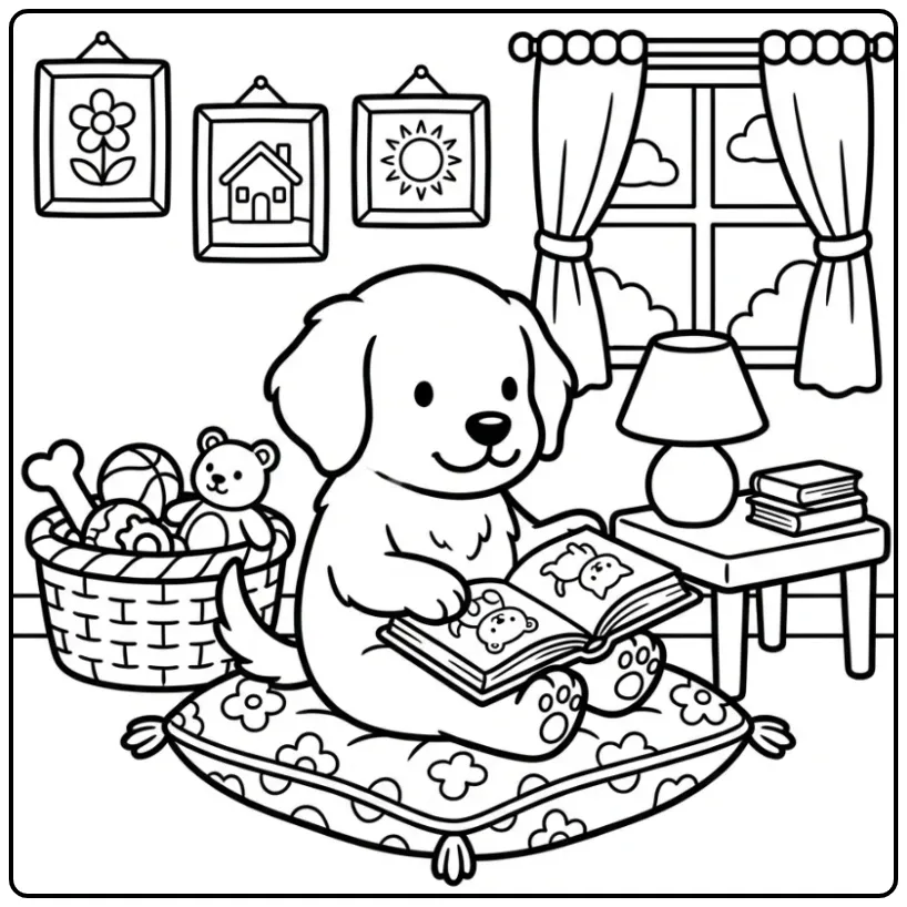 Schattige kleurplaat golden retriever puppy lezend op een kussen