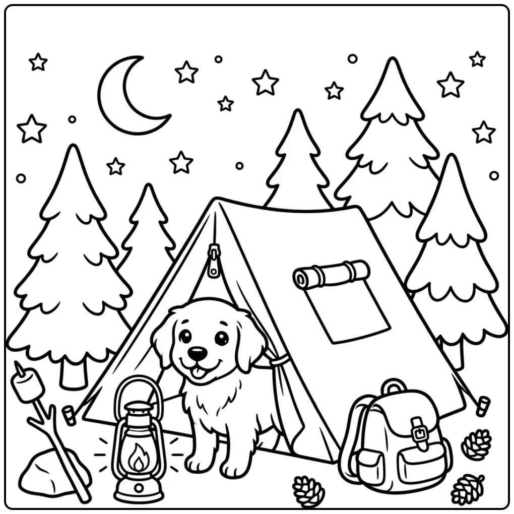 Schattige kleurplaat golden retriever puppy aan het kamperen.