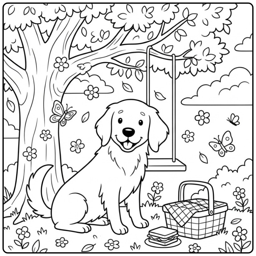 Schattige kleurplaat golden retriever met een schommel en boom.