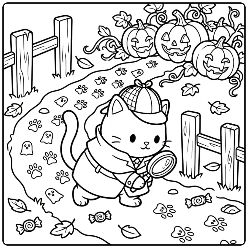 Detective kleurplaat halloween kat zoekt sporen met loep.