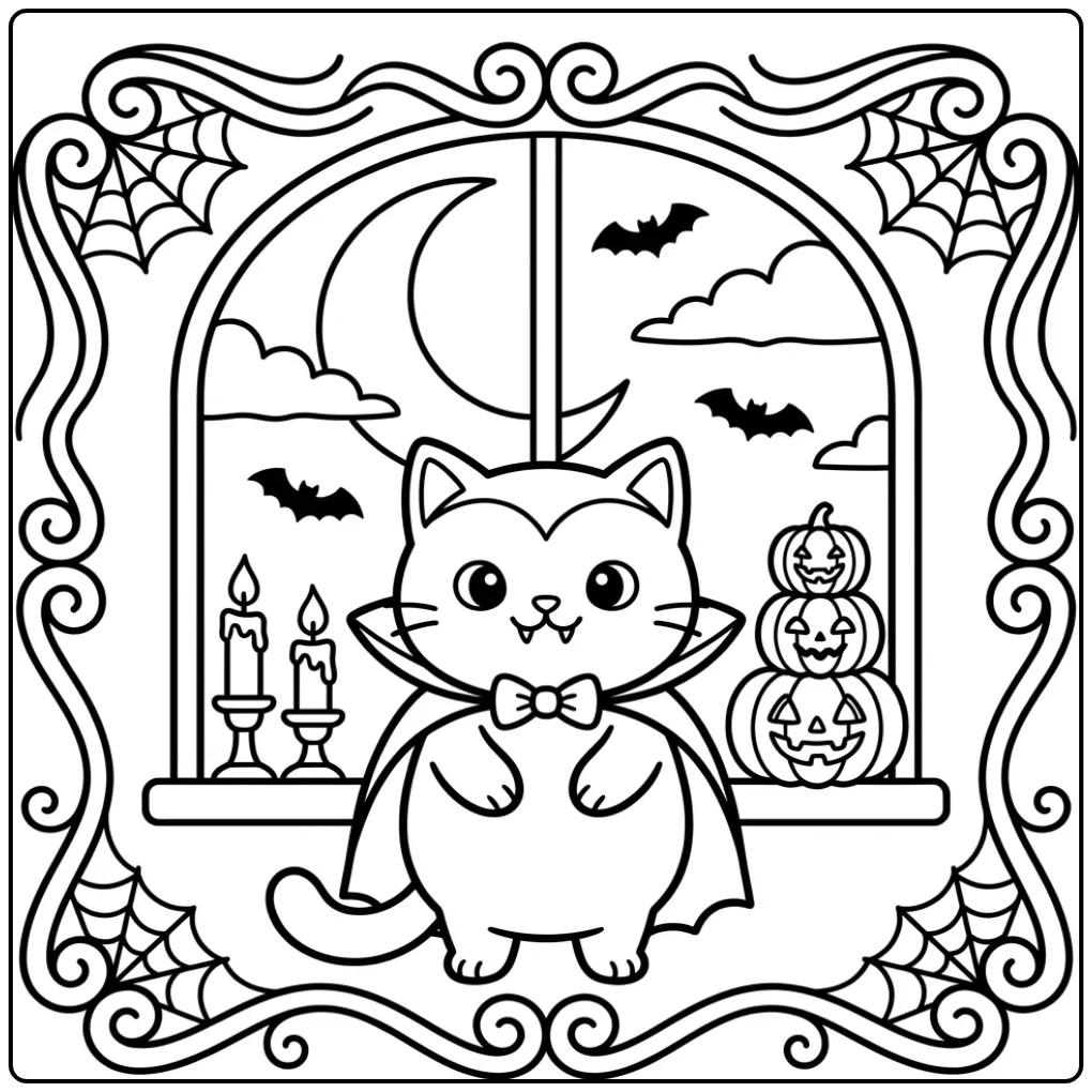 Schattige kleurplaat halloween kat met cape en vleermuizen.