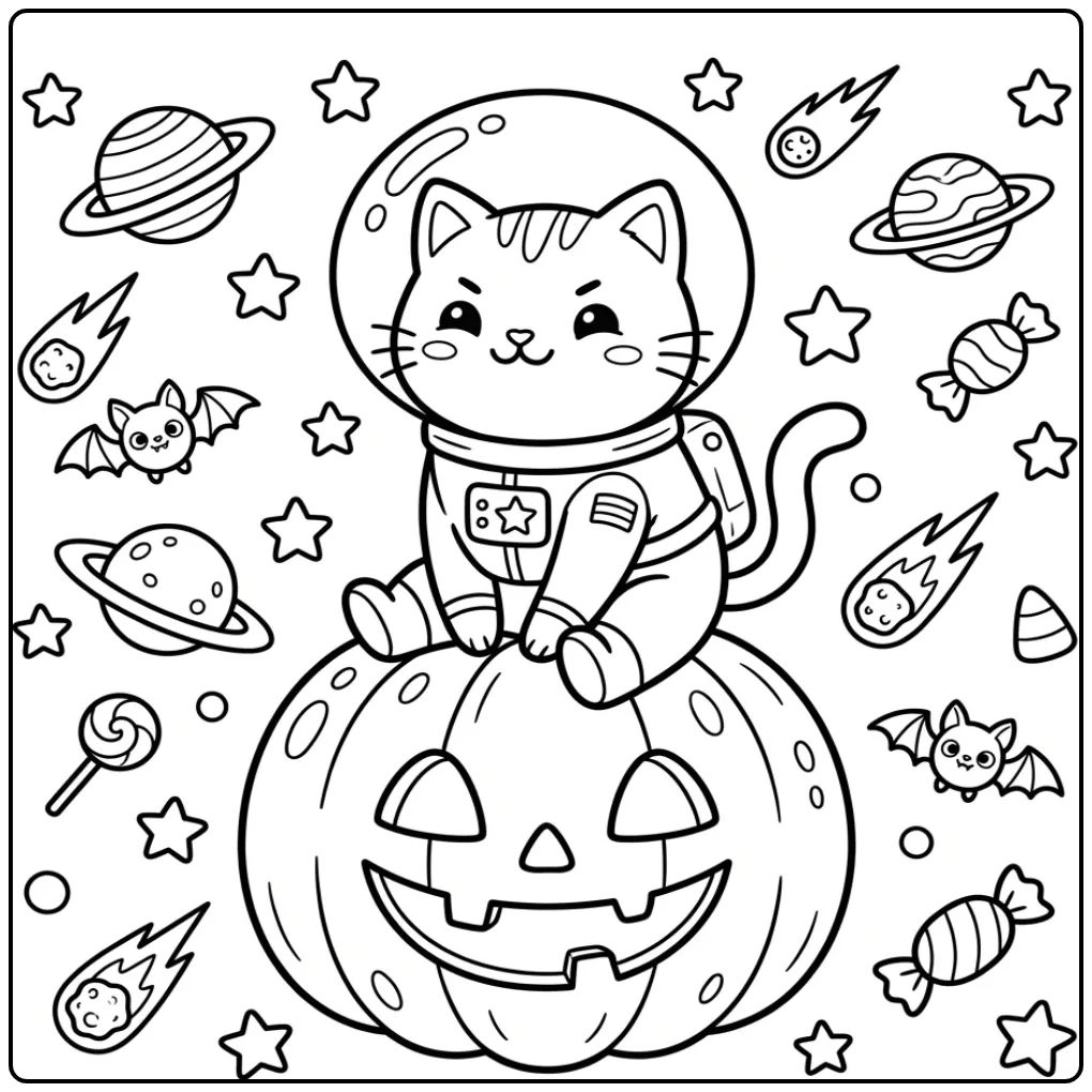 Leuke kleurplaat halloween kat als astronaut op een pompoen