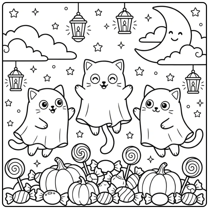 Drie kittens als spookjes op deze kleurplaat halloween kat.