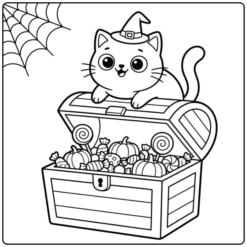 Leuke kleurplaat halloween kat bij een kist vol snoep.