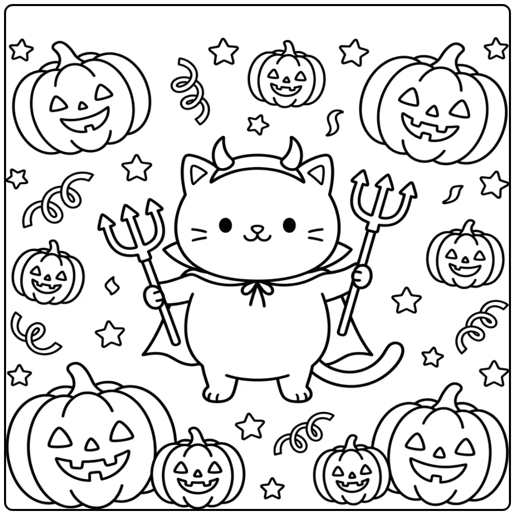 Schattige kleurplaat halloween kat als duiveltje met snoep.