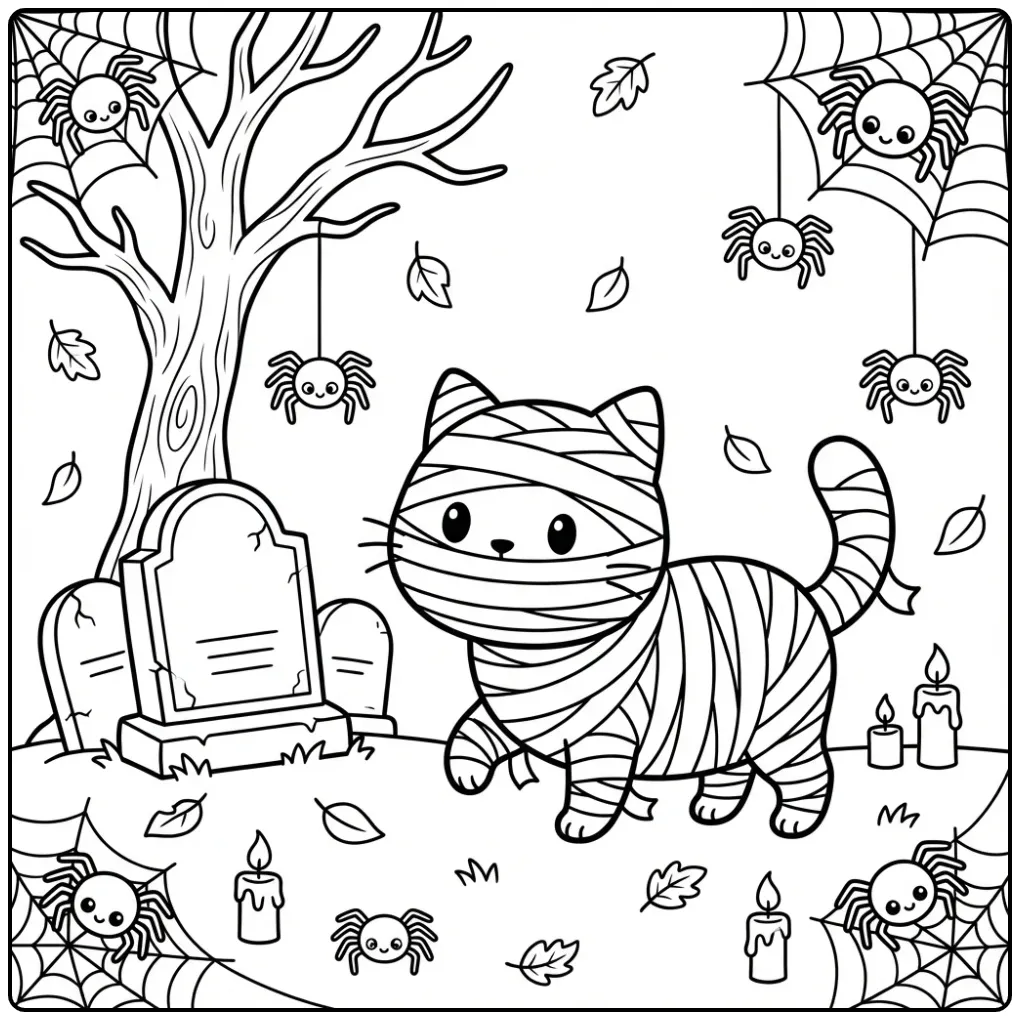 Schattige mummie op deze kleurplaat halloween kat met grafsteen.