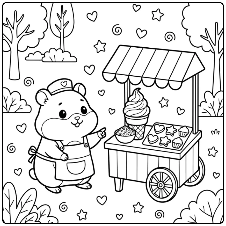 Een leuke kleurplaat hamster die een groot ijsje kiest