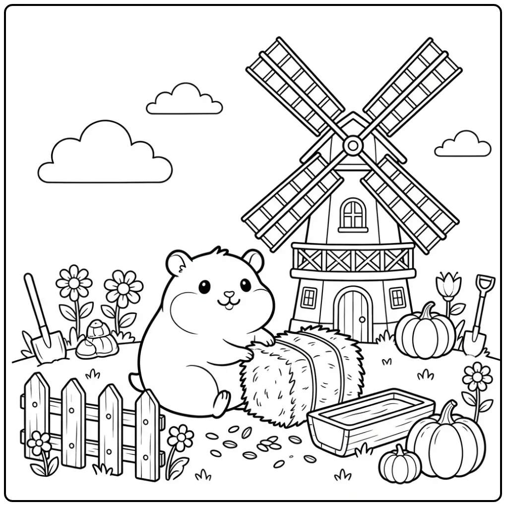 Schattige kleurplaat hamster op een boerderij met hooibaal.