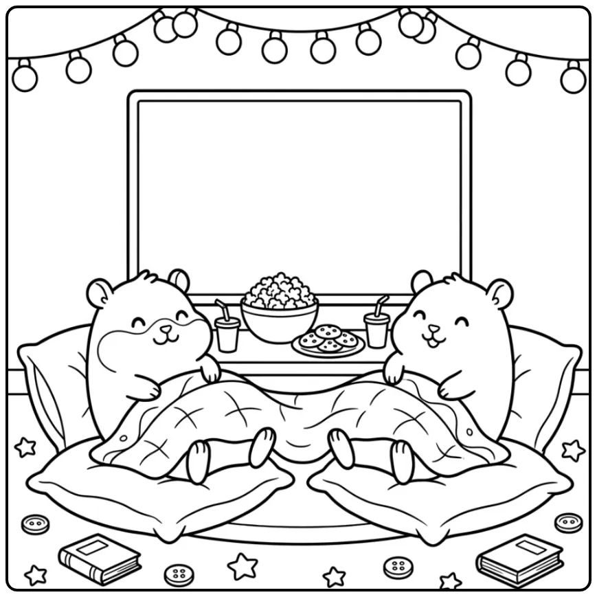 Schattige kleurplaat hamster filmavond met popcorn en deken.