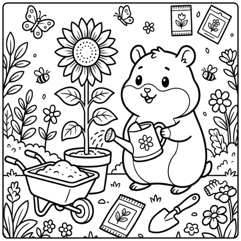Schattige kleurplaat hamster tuinier met zonnebloem en gieter.