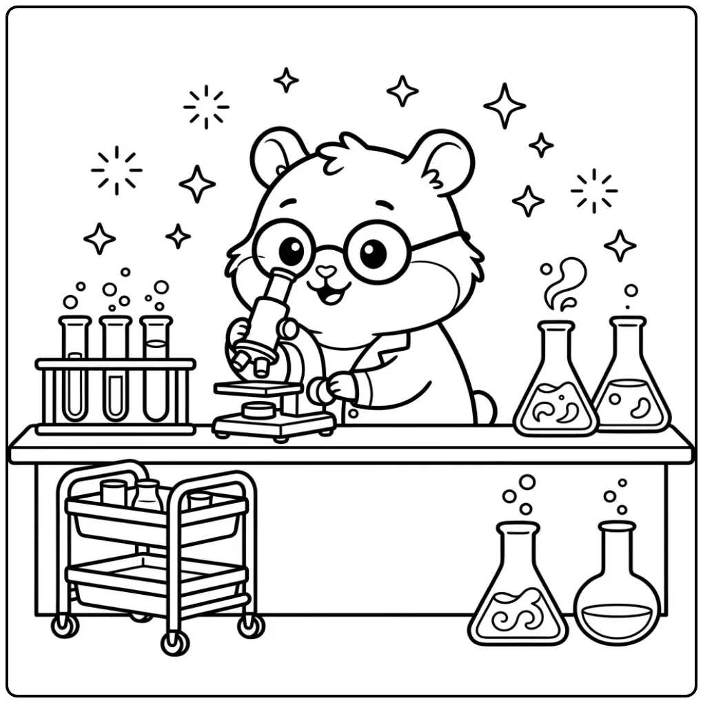 Leuke kleurplaat hamster als wetenschapper met microscoop.