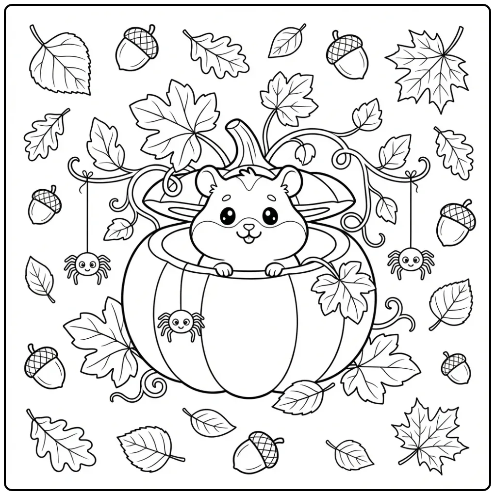 Schattige kleurplaat hamster in pompoen met herfstblaadjes.