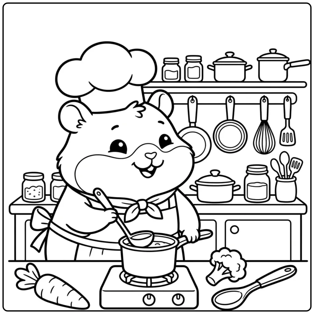 Leuke kleurplaat hamster chef-kok roert in een soeppan.