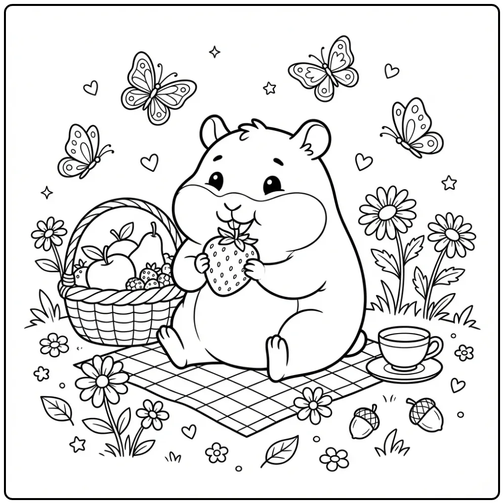 Een schattige kleurplaat hamster op een picknick met fruit.
