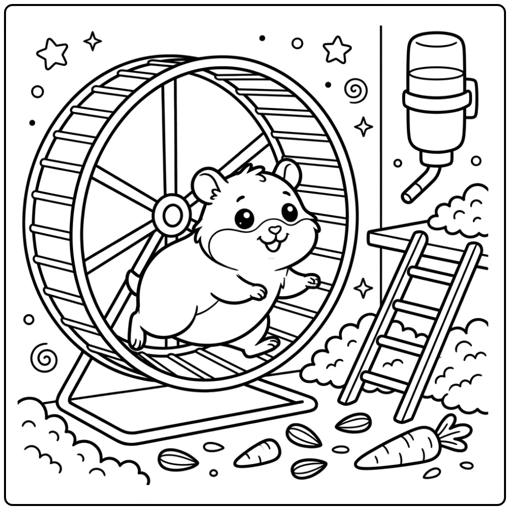 Vrolijke kleurplaat hamster schattig rent in zijn wiel.
