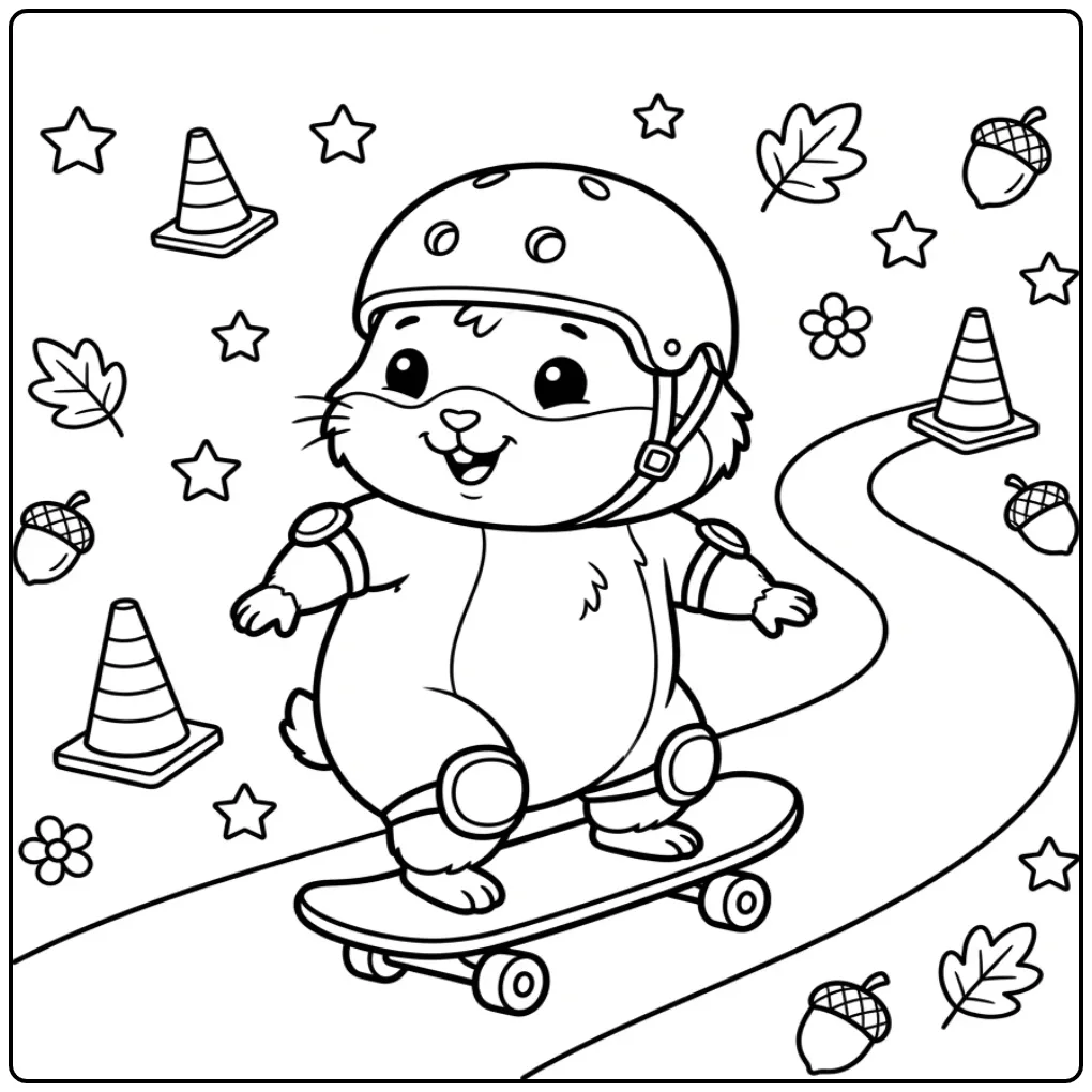 Een kleurplaat hamster schattig op een skateboard met helm.