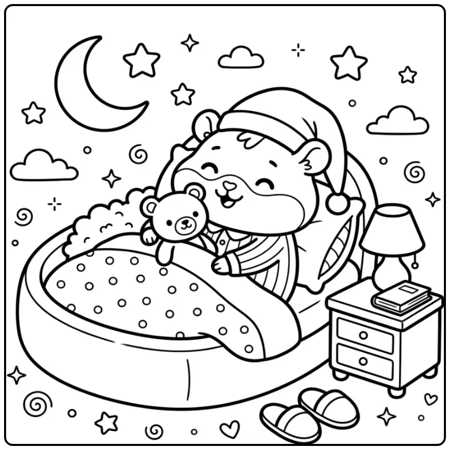 Een kleurplaat hamster schattig in pyjama met een teddybeer.