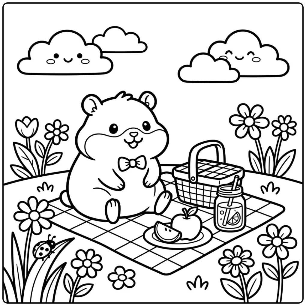 Vrolijke kleurplaat hamster schattig met limonade en bloemen