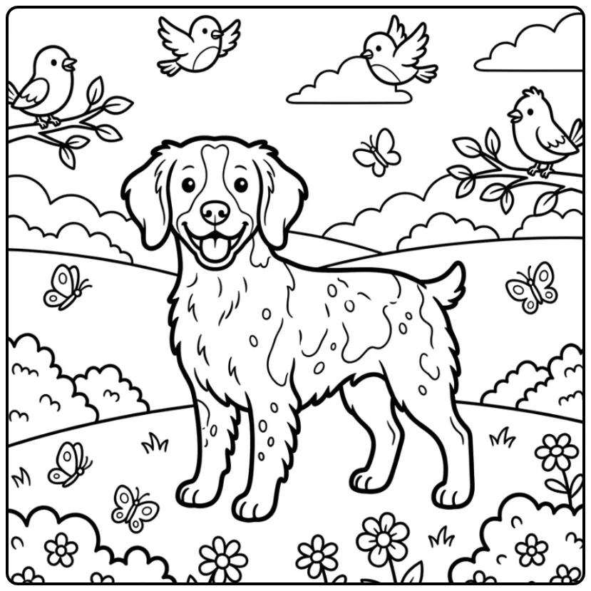 Vrolijke kleurplaat hond Brittany Spaniel in een bloemenveld.