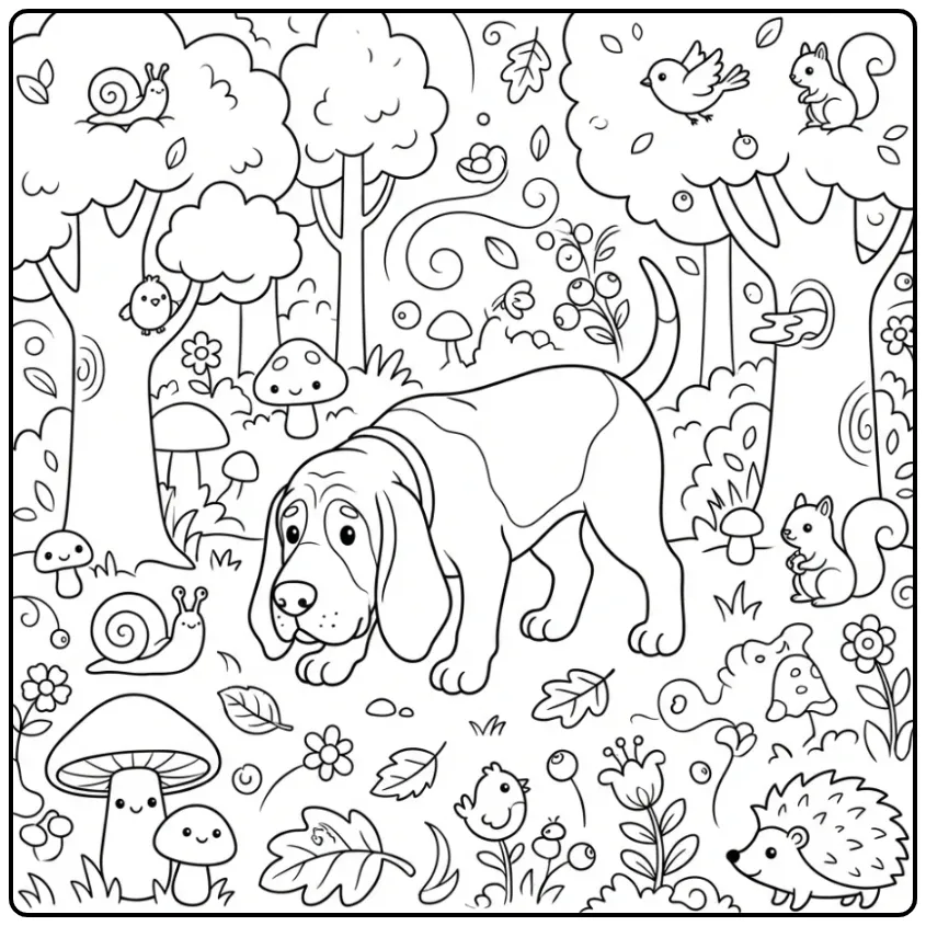 Schattige kleurplaat hond van een speurende bloedhond.